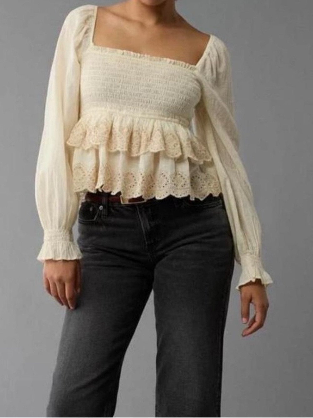 American Eagle Smocked Peasant Blouse with Embroidered Hem - Cream